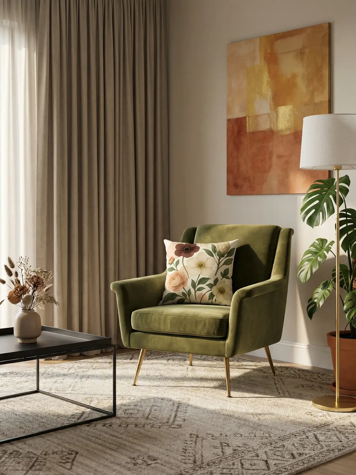 Luxury living room with taupe curtains and Ranunculus-Anemone-Protea Vintage Pillow on an olive green armchair