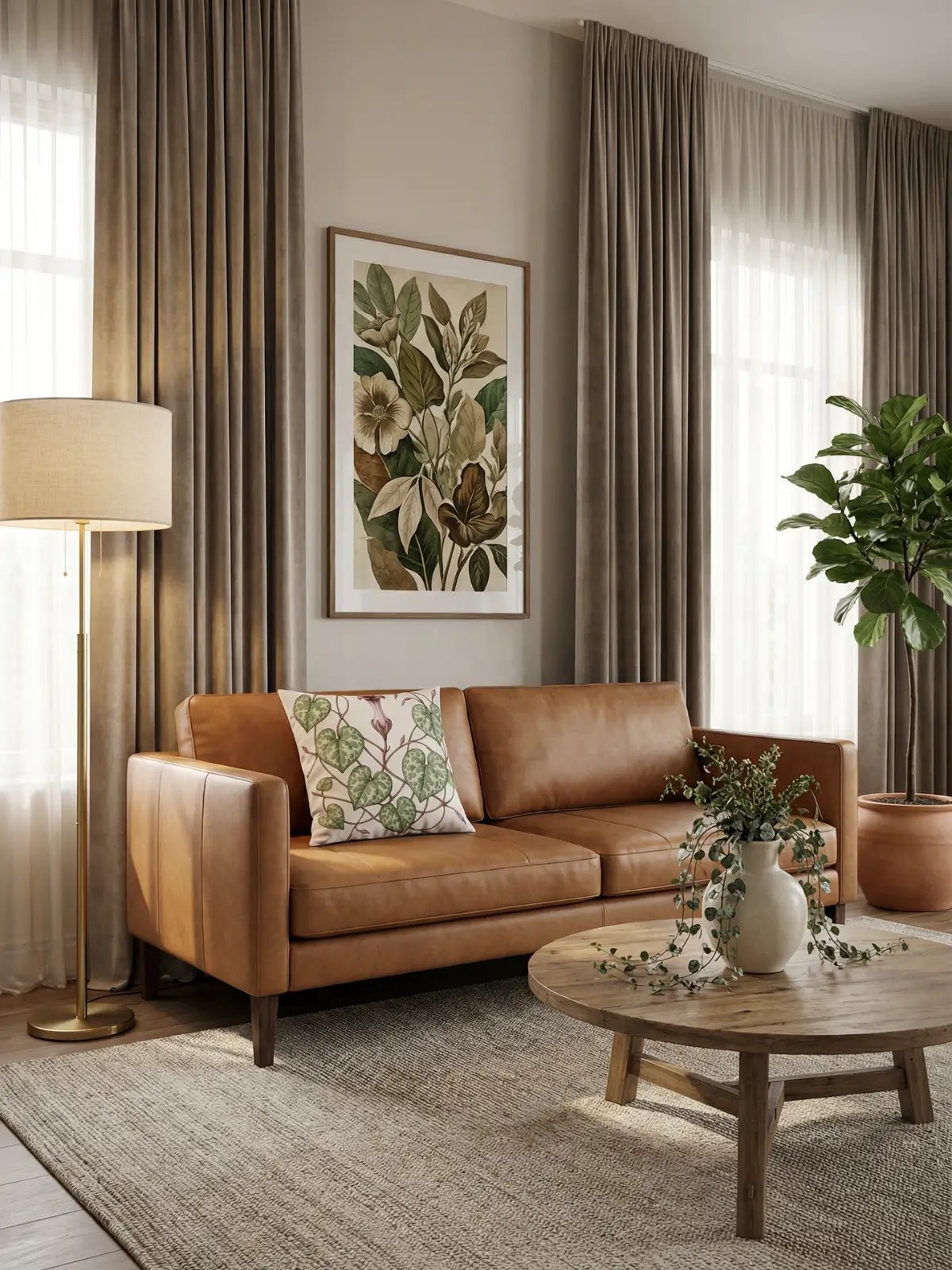 Luxury living room with taupe curtains and String of Hearts Botanical Pillow on a caramel leather sofa