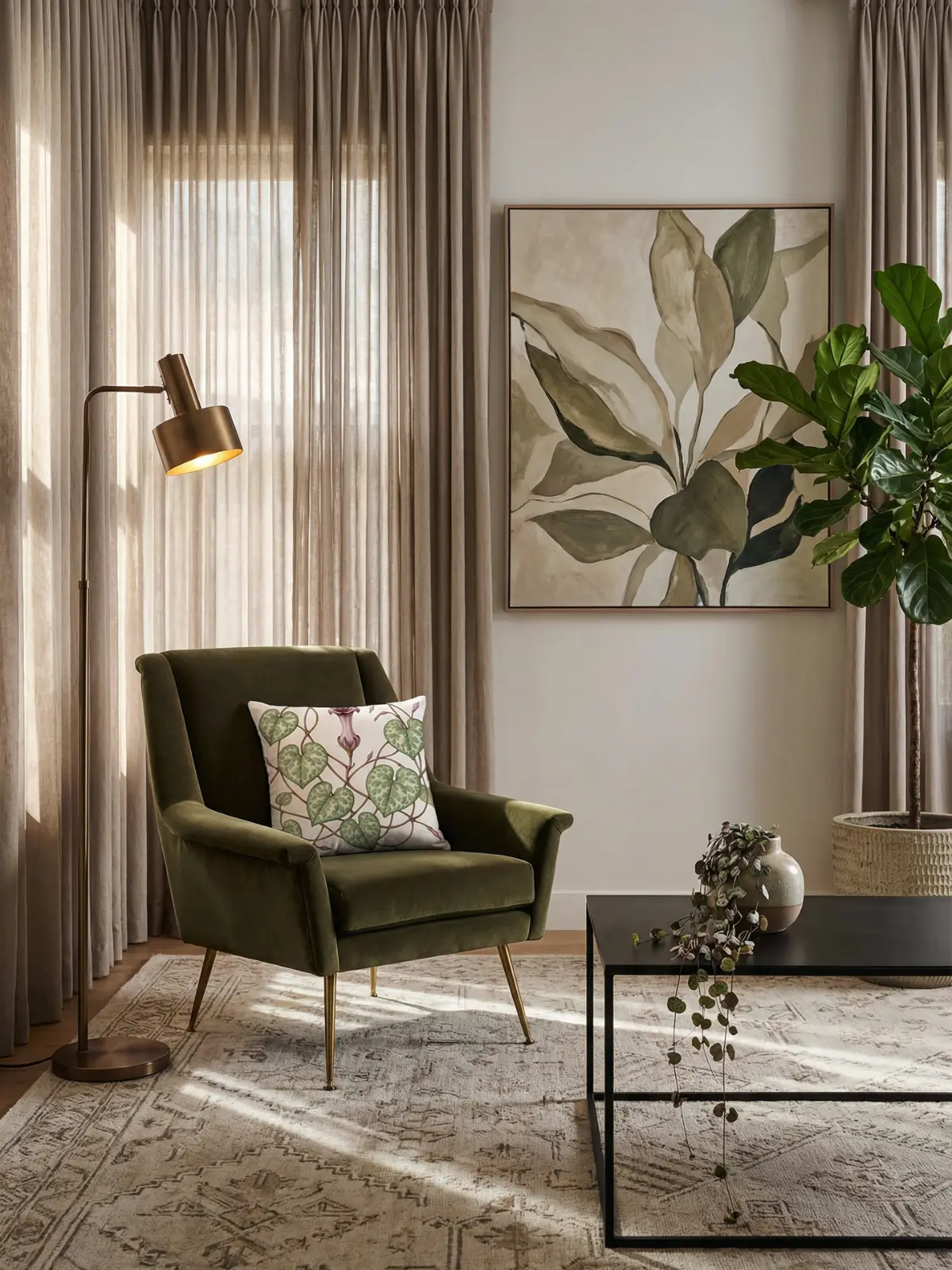 Luxury living room with taupe curtains and String of Hearts Botanical Pillow on an olive green armchair