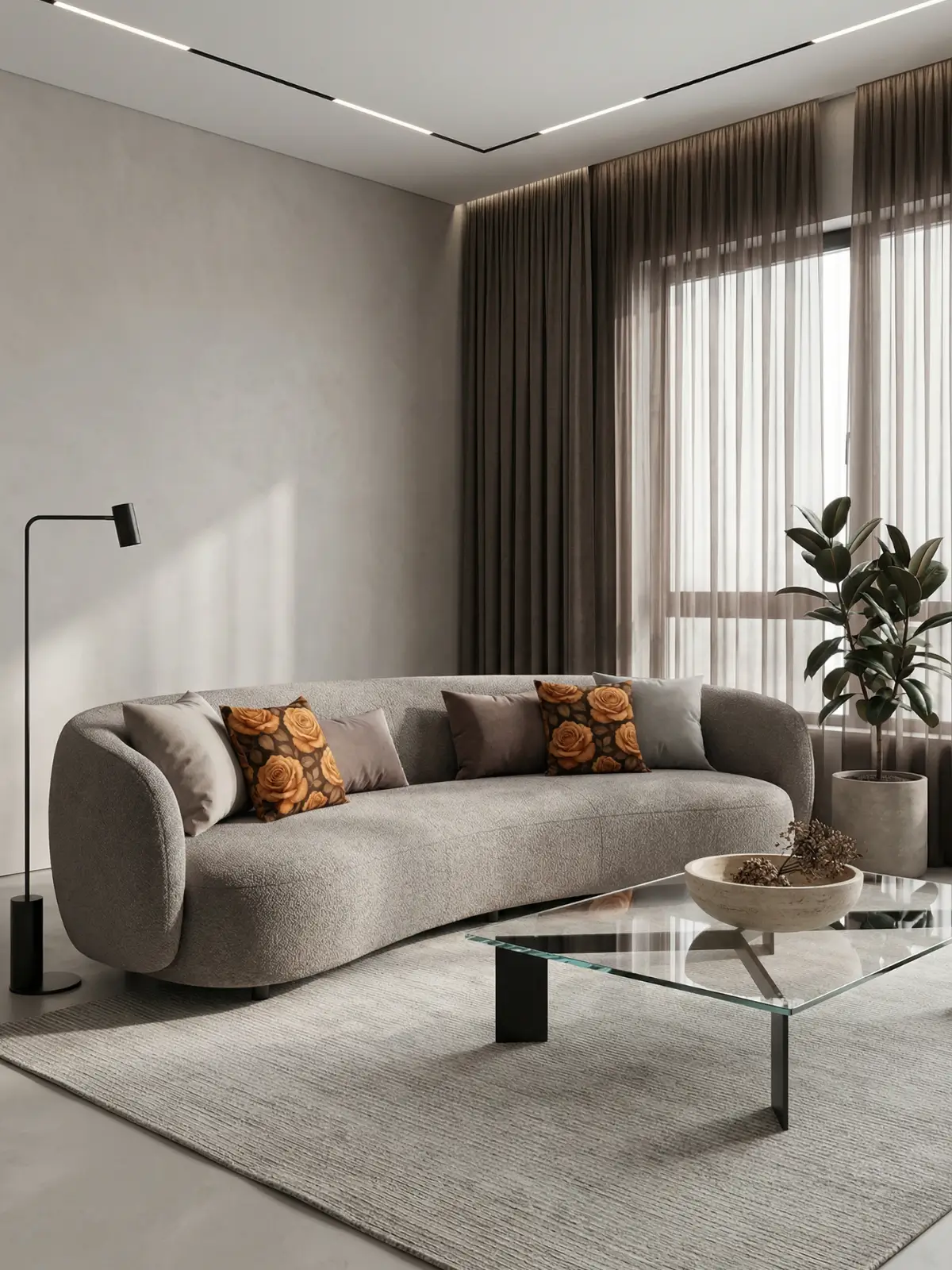 Modern luxury living room with brown curtains, cool taupe boucle curved sofa, glass coffee table, and vintage toffee rose floral pillows