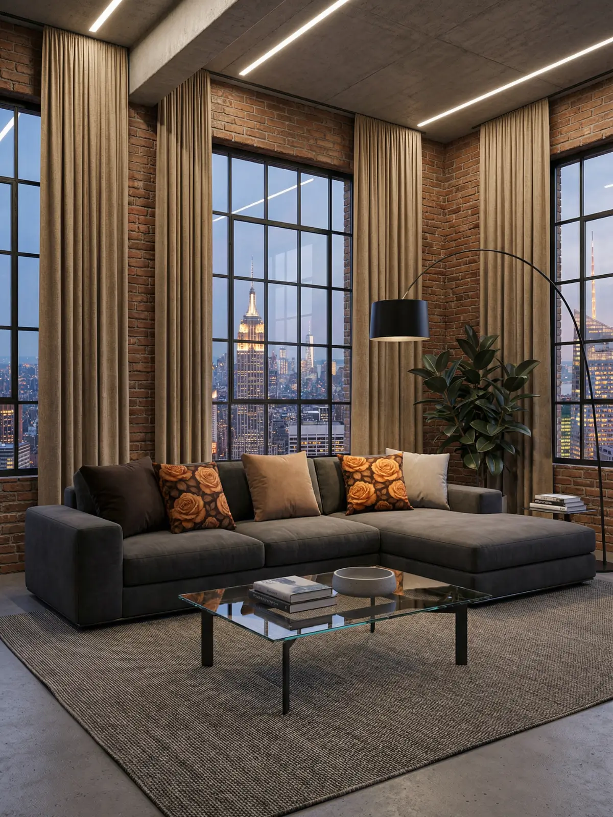 New York loft living room with tan curtains, L-shaped graphite sectional sofa, glass coffee table, and vintage toffee rose pillows