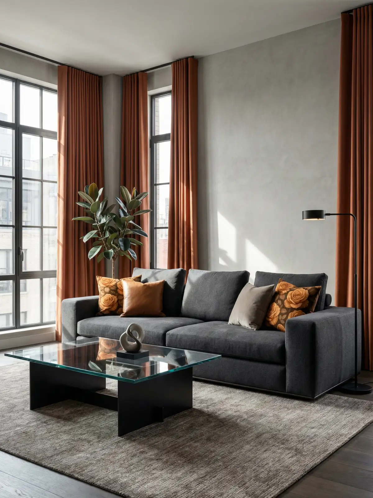 New York luxury living room with terracotta curtains, charcoal-gray sofa, architectural glass coffee table, and vintage toffee rose pillows