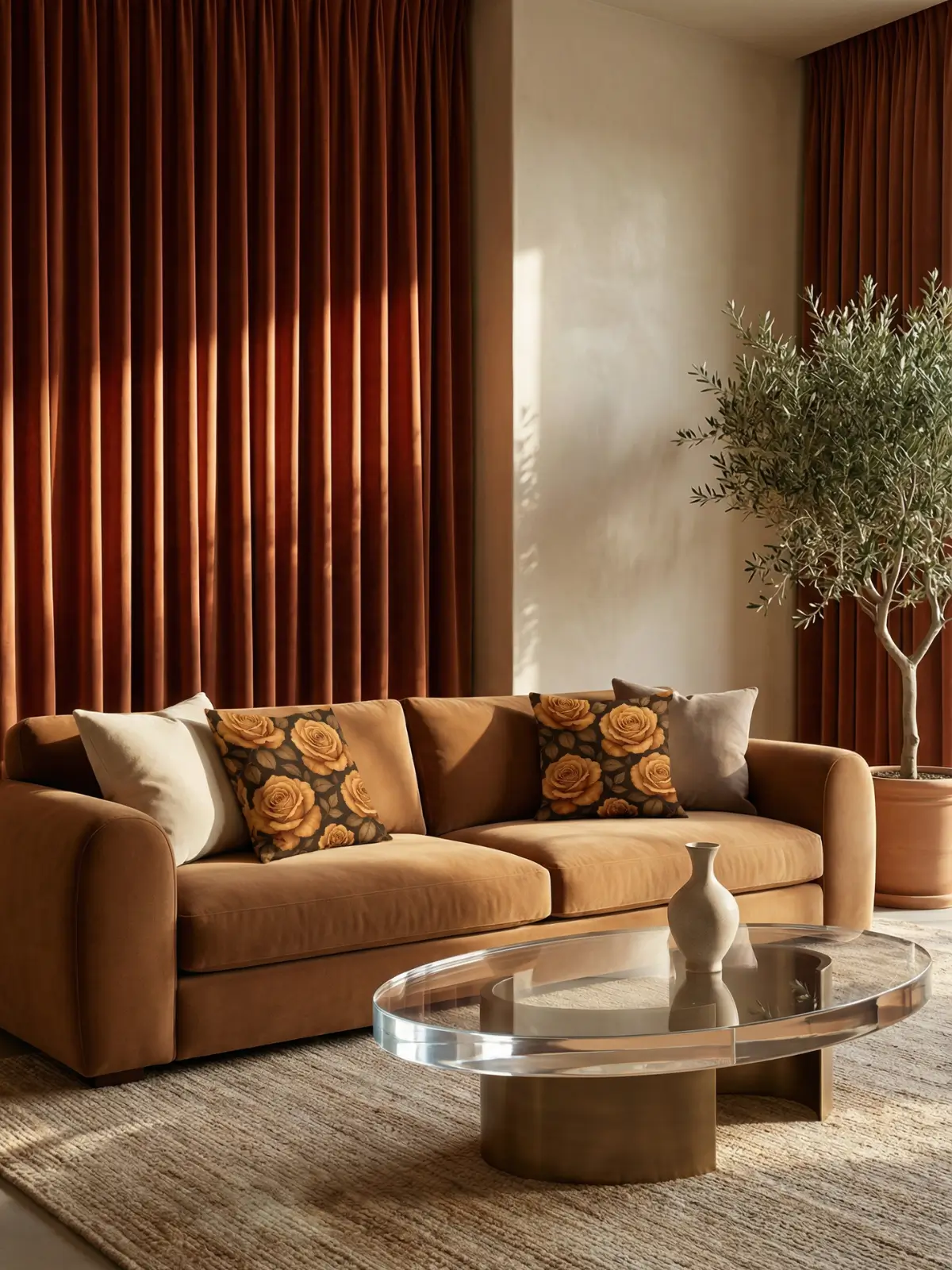 European luxury living room with terracotta curtains, toffee-brown sofa, sculptural glass coffee table, and vintage toffee rose pillows