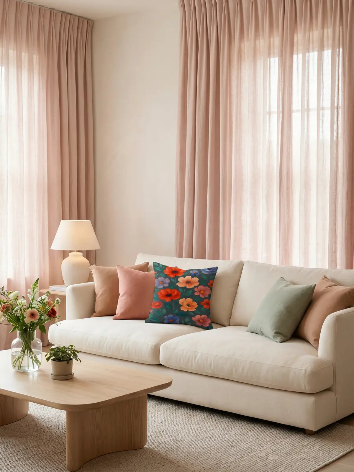 Luxury living room with blush pink curtains, ivory sofa, and watercolor floral pillows