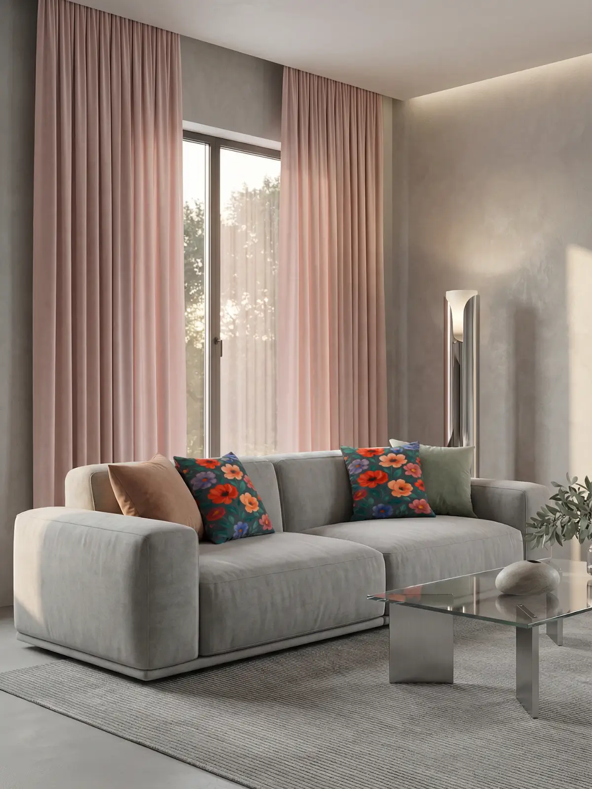 Luxury living room with blush velvet curtains, light gray sofa, and two watercolor floral pillows