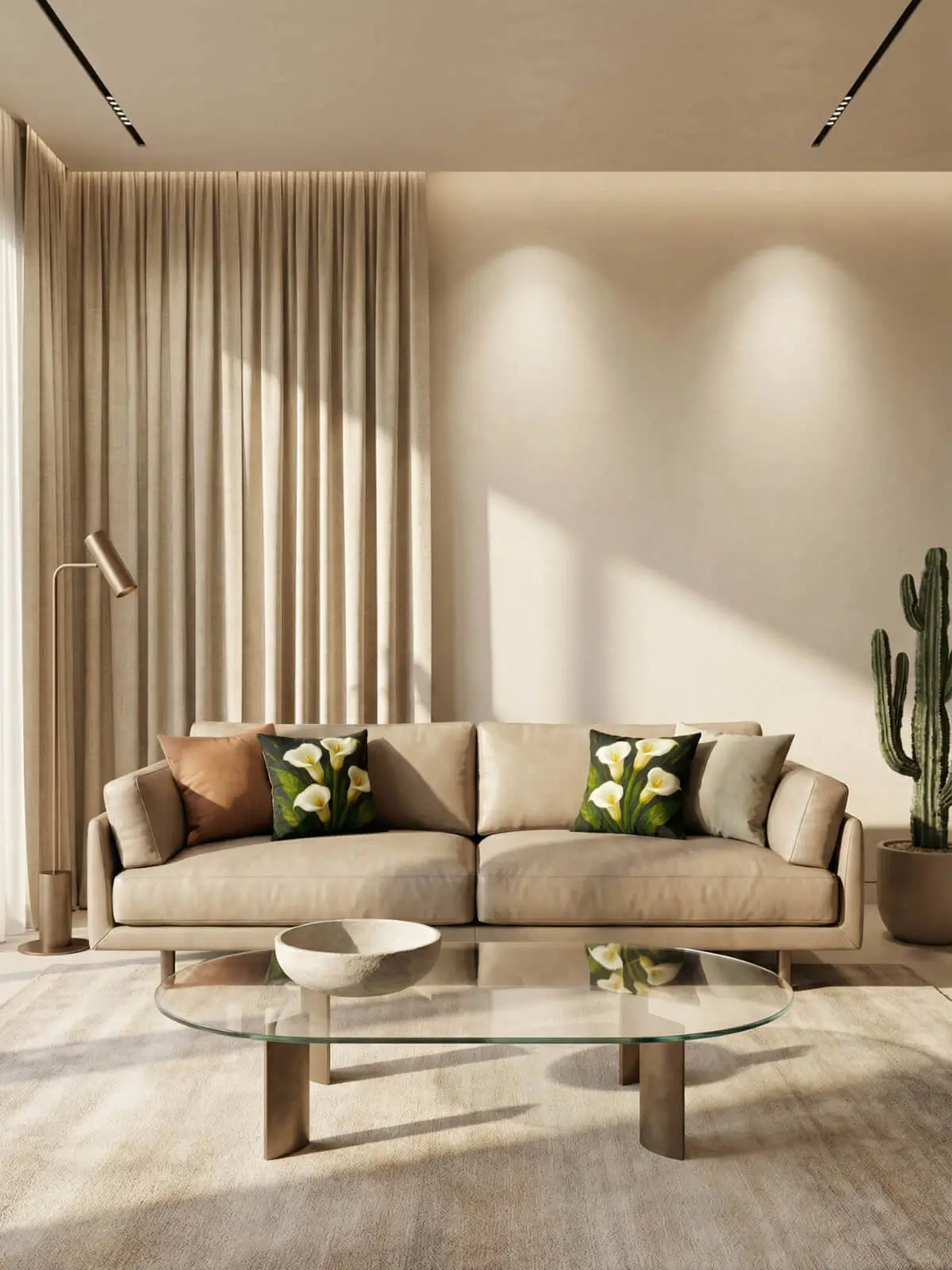 Desert-modern living room with sand curtains, stone leather sofa, glass coffee table, and white calla lily impasto pillows