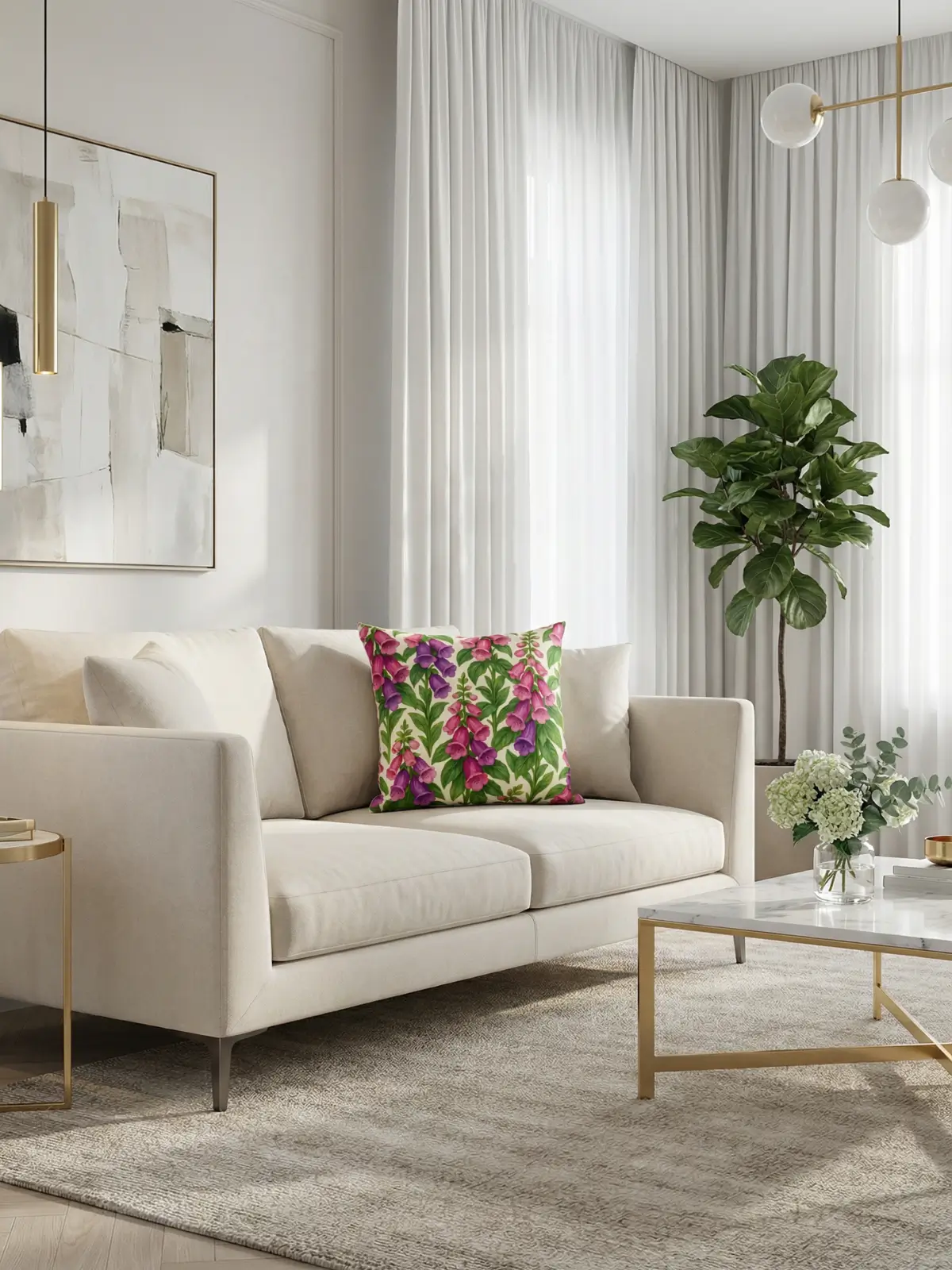 Luxury living room with white curtains and Foxglove Watercolor Cream Pillow on a contemporary cream sofa