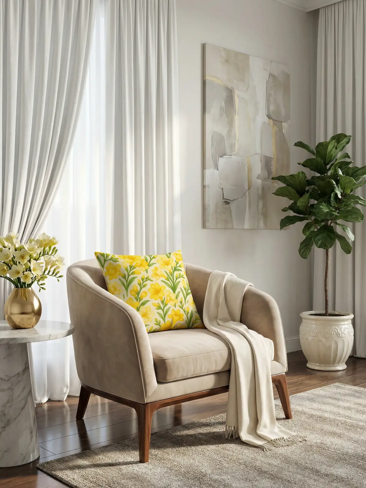 Luxury living room with white curtains and Freesia Watercolor Cream Pillow on a modern velvet armchair