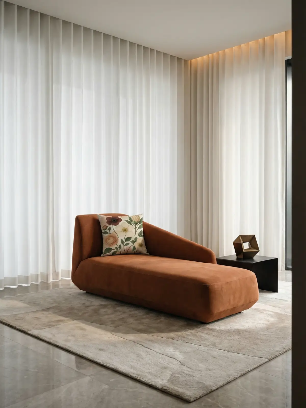 Contemporary living room with white architectural curtains and a terracotta chaise lounge featuring the Ranunculus Anemone Protea Vintage Pillow