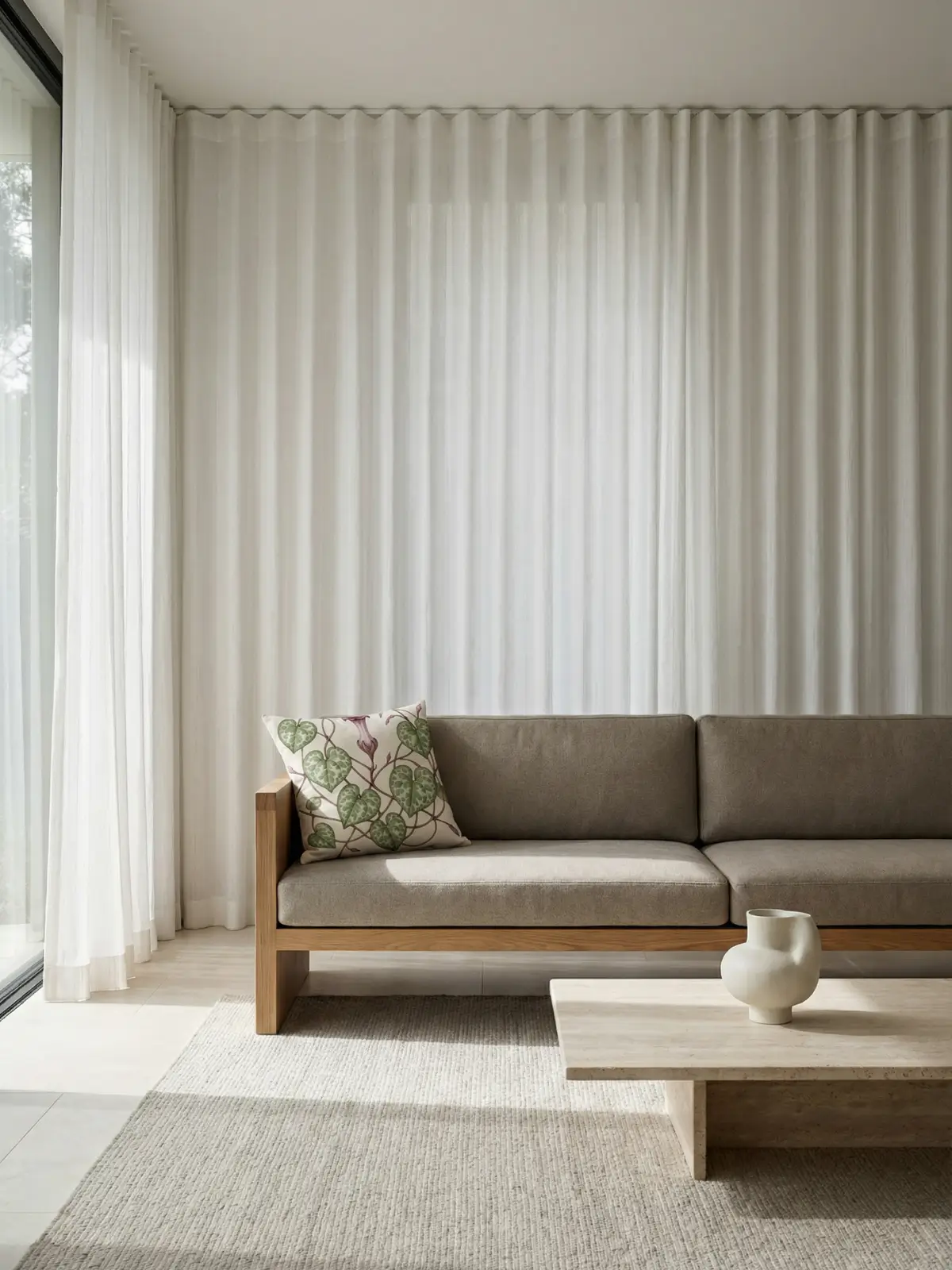 Organic luxury living room with white textured curtains and a wood-framed sofa featuring the String of Hearts Botanical Pillow