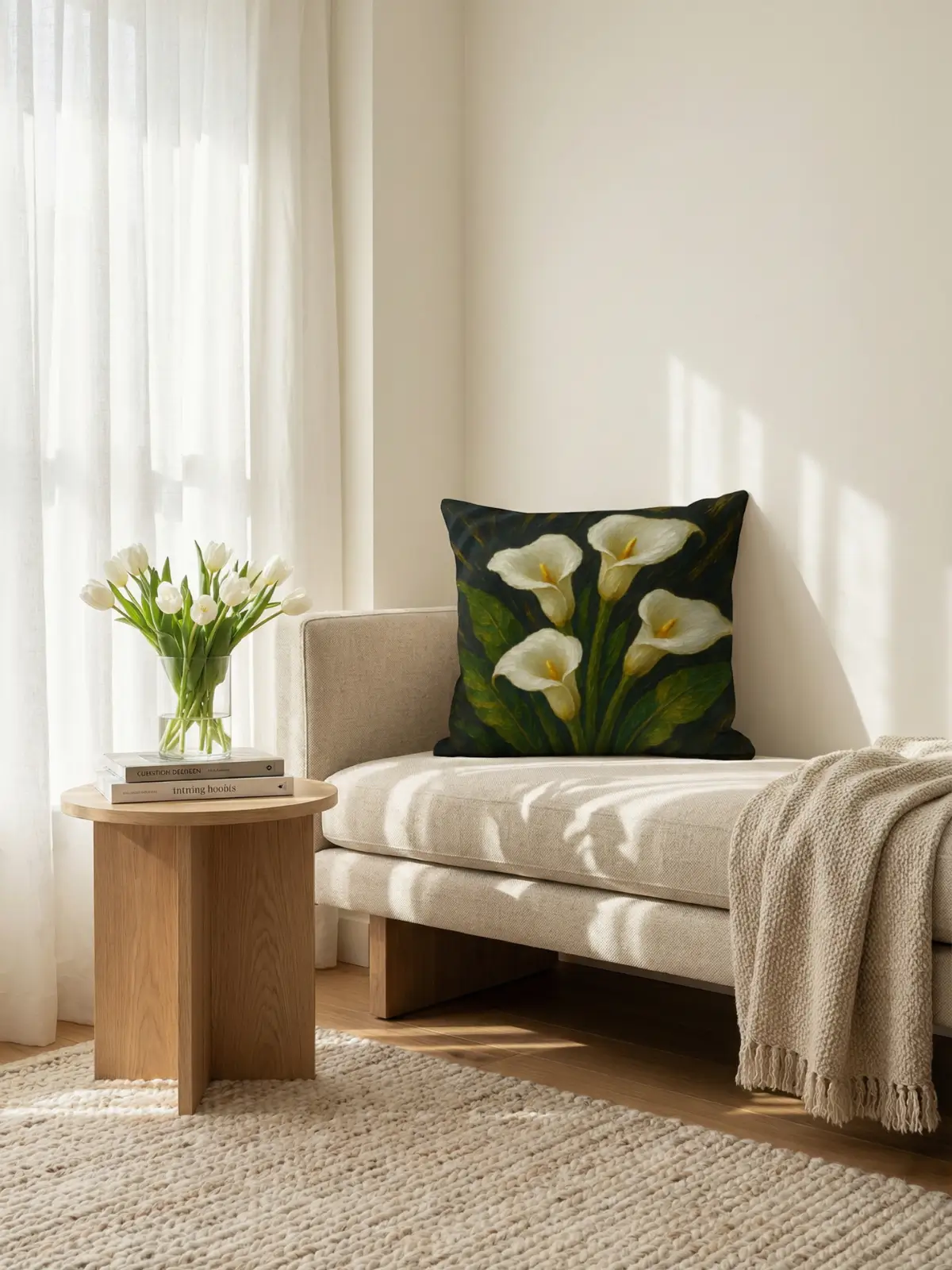 Window seat with white curtains and White Calla Lily Impasto Pillow in a stylish living room