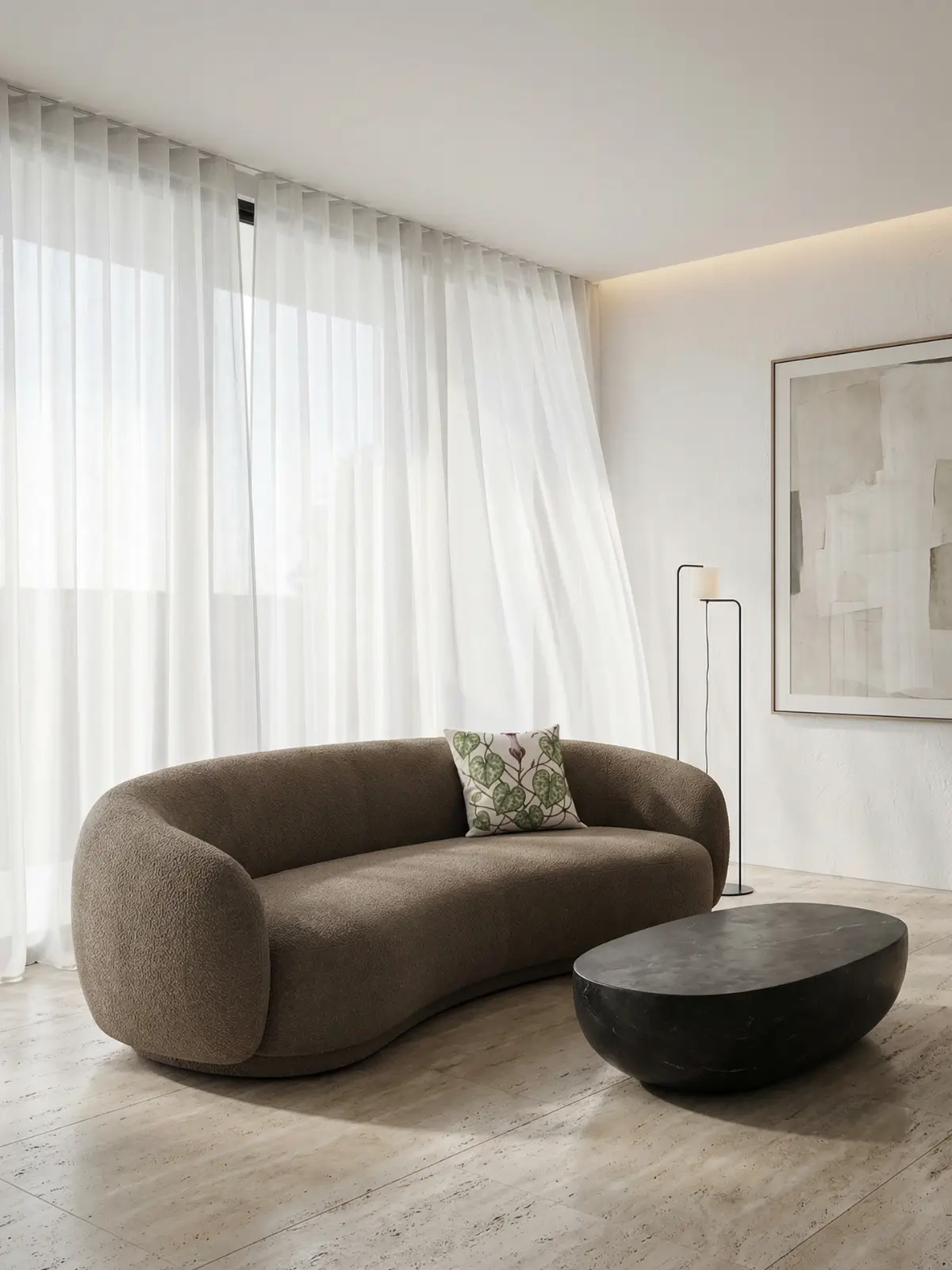 Contemporary living room with white sheer curtains and a curved bouclé sofa featuring the String of Hearts Botanical Pillow