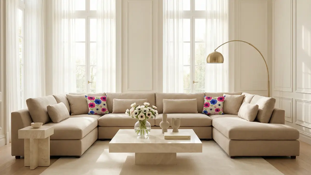 High-end Warm Beige sectional sofa styled with Anemone floral and deep marine blue accent pillows in a modern Pinterest-style living room.