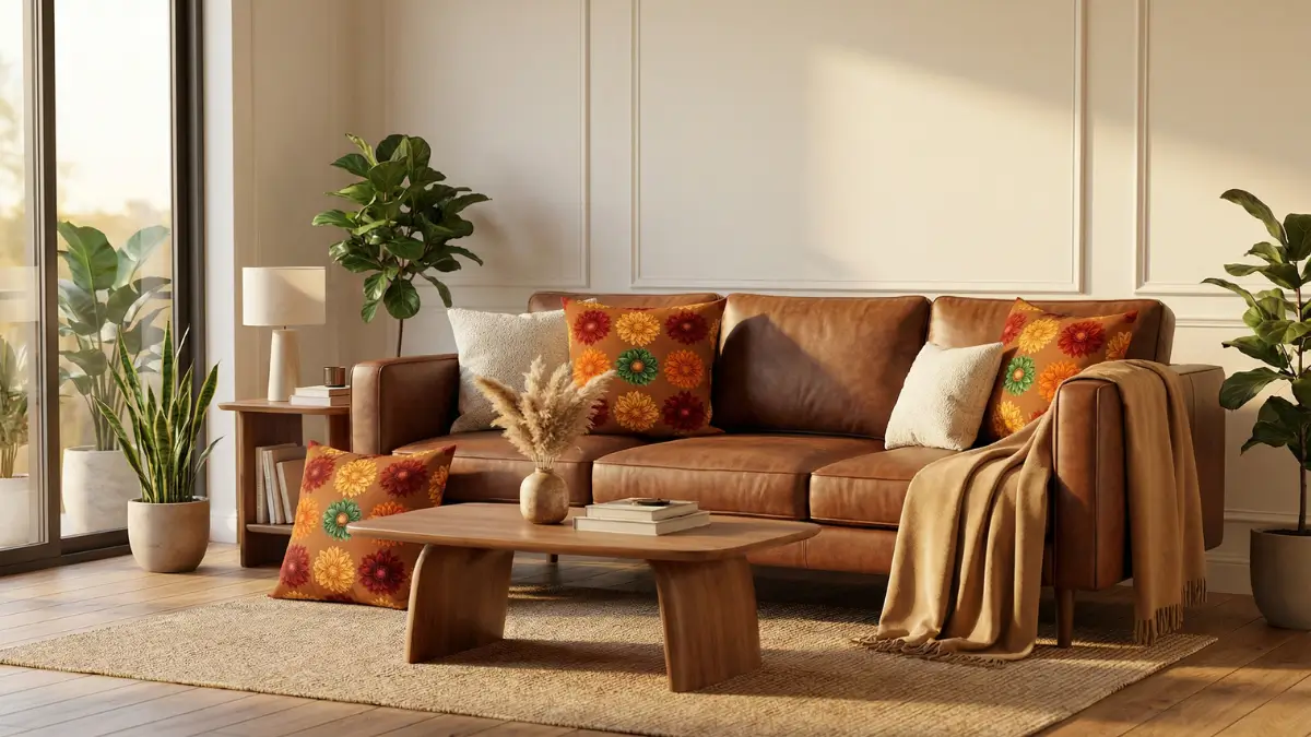 Cozy Mid-Century Modern Living Room featuring a Rich Brown Leather Sofa styled with three Autumn Dahlia Floral Throw Pillows (Rust, Orange, Burgundy), illuminated by soft golden-hour sunlight against warm off-white paneled walls.