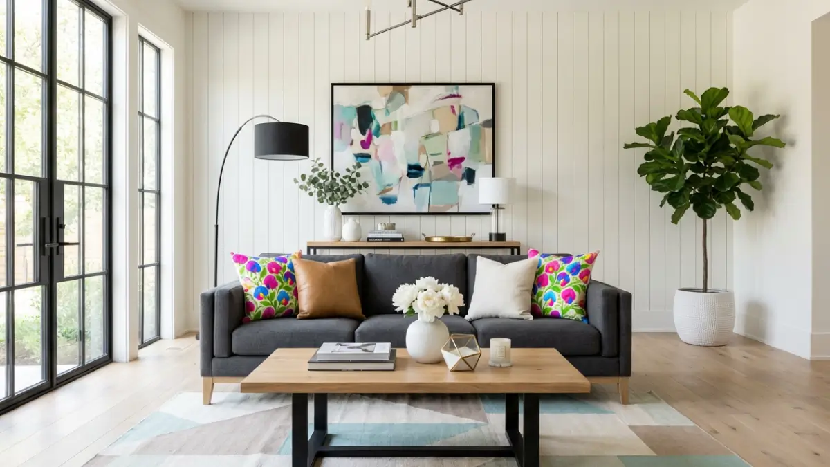 Modern Charcoal Gray Sofa styled with Sweet Pea Watercolor Floral Throw Pillows and leather accents in a luxurious Contemporary Farmhouse living room.