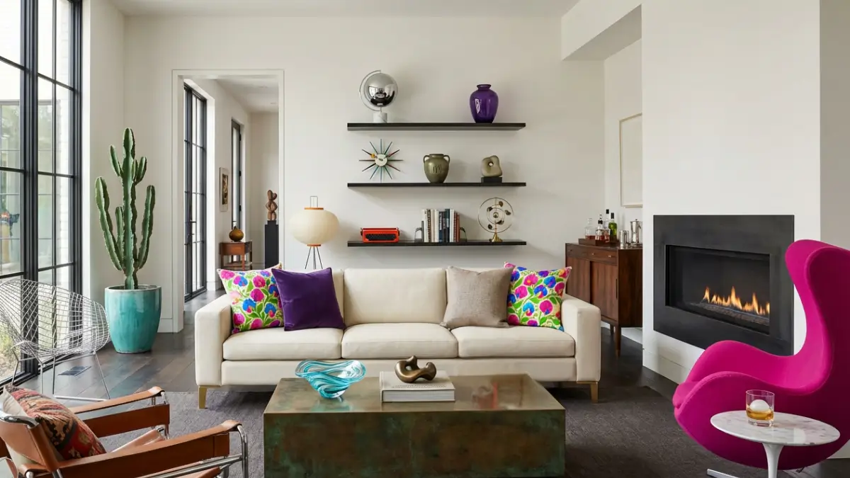 Architectural Digest Cream Nubuck Sofa styled with Sweet Pea Watercolor Throw Pillows and Violet velvet accents in a luxury Collector's Modern living room.