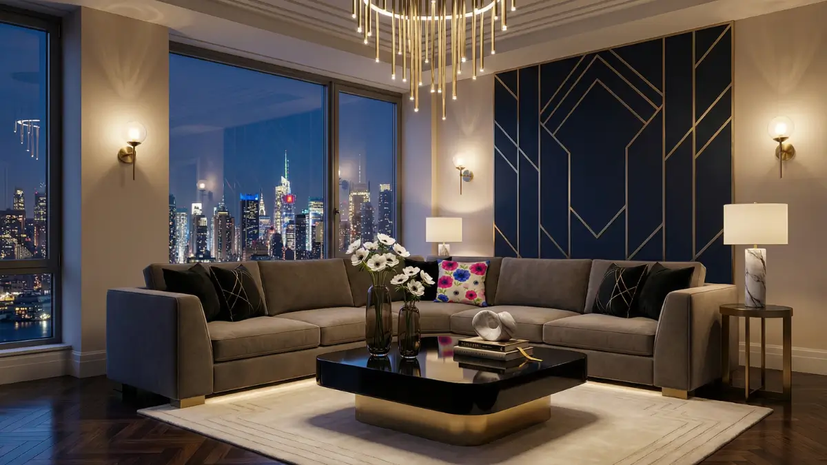 Opulent Art Deco penthouse living room with warm taupe-gray sectional sofa styled with geometric velvet and white anemone floral throw pillows.