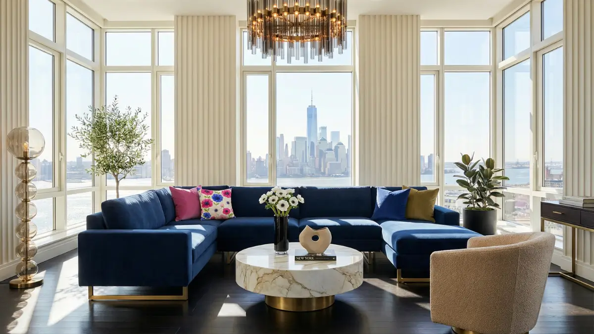 Ultra-luxury Deep Navy velvet U-sectional sofa styled with Imperial Blue and Anemone floral throw pillows in a sun-drenched Modern Art Deco Manhattan penthouse.