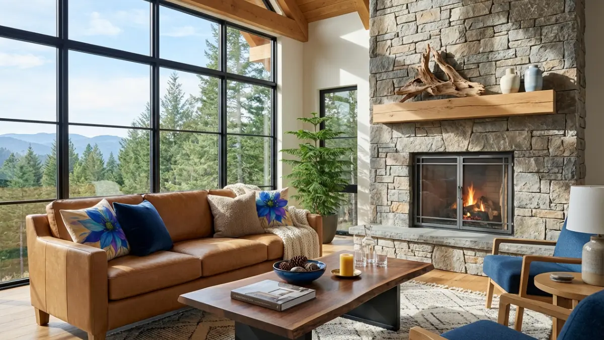 Modern Tan Leather Sofa styled with Nigella Abstract Watercolor Throw Pillows and Azure chairs in a luxury Mountain Retreat living room.