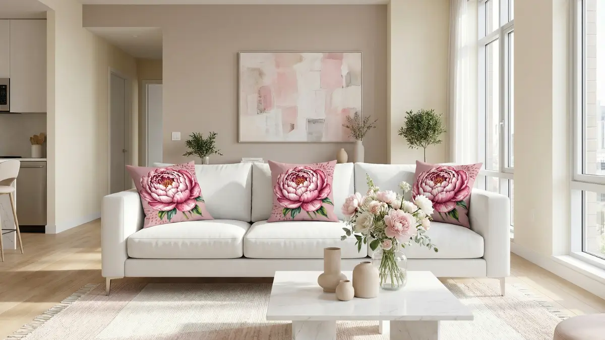 Ultra-realistic luxury modern New York apartment featuring a white 3-seater sofa styled with three blush peony bloom floral throw pillows, set against a muted beige accent wall and a white marble coffee table.