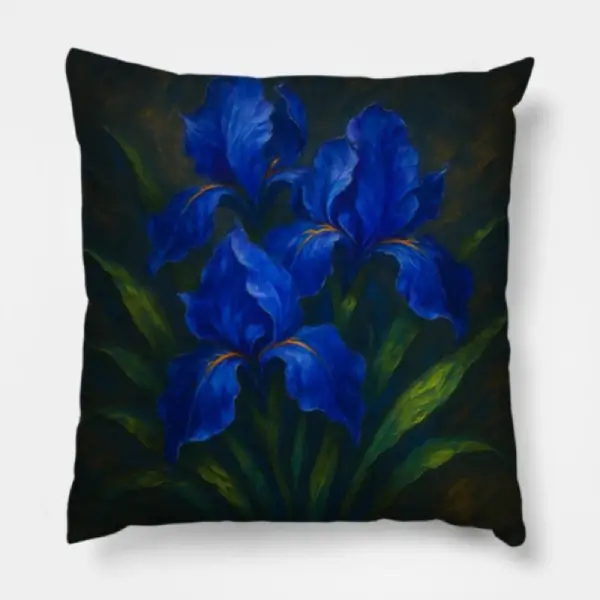 Two identical cobalt iris impasto pillows centered on a smoky charcoal modular sofa