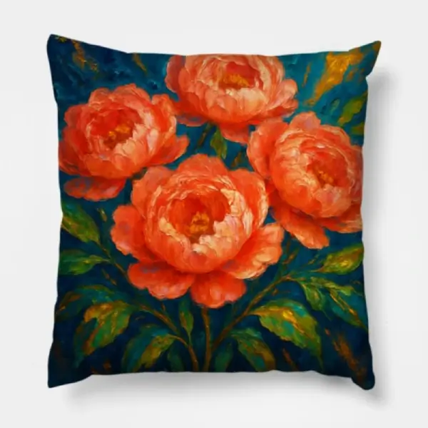 Coral peonies impasto floral pillow styled on an ivory luxury sofa