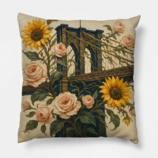 Brooklyn Bridge Floral Sunflowers and Roses Modern Throw Pillow