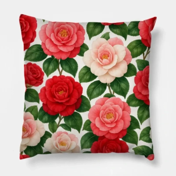 Camellia japonica seamless floral pillow styled at the center of a taupe velvet tuxedo sofa