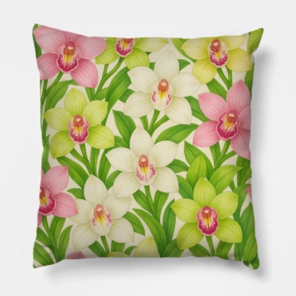 Cymbidium orchid botanical floral throw pillow styled as the hero accent on a green velvet sofa