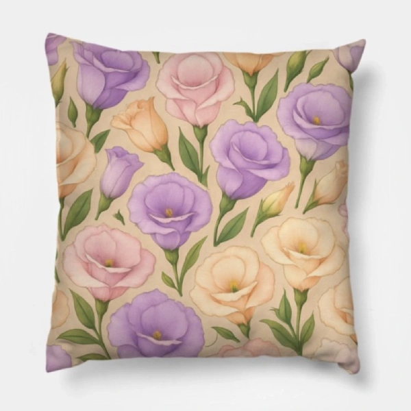Eustoma Floral Beige Pillow on a beige velvet sofa