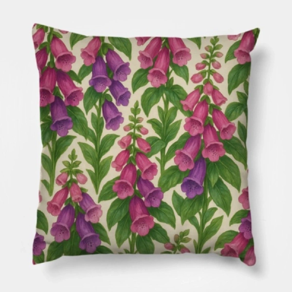 Foxglove Watercolor Cream Pillow on a light taupe velvet armchair