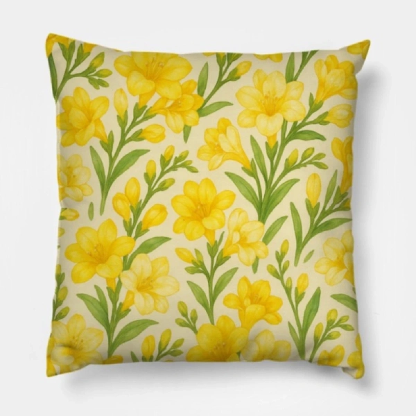 Freesia Watercolor Cream Pillow on a light sand linen sofa
