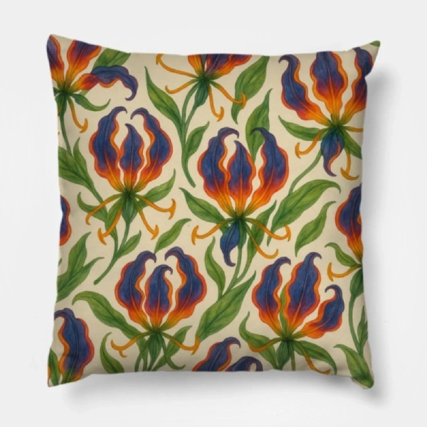 Gloriosa superba watercolor gouache floral pillow styled as the hero accent on a modern beige sofa