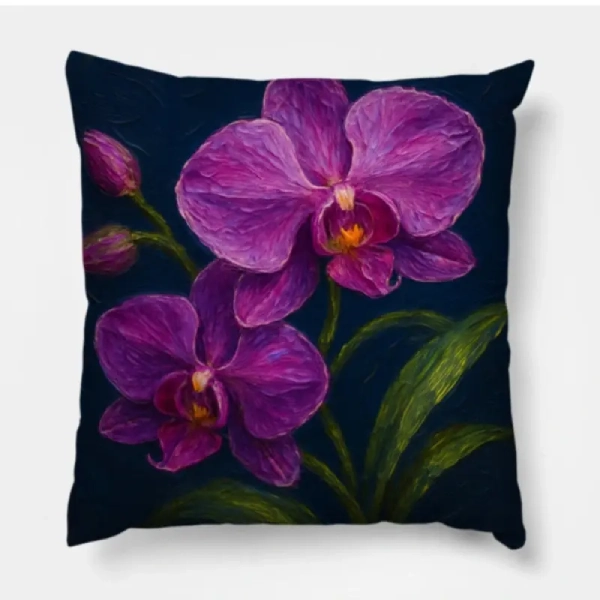 Purple orchid impasto floral pillow styled as the hero accent on a pearl-beige sofa