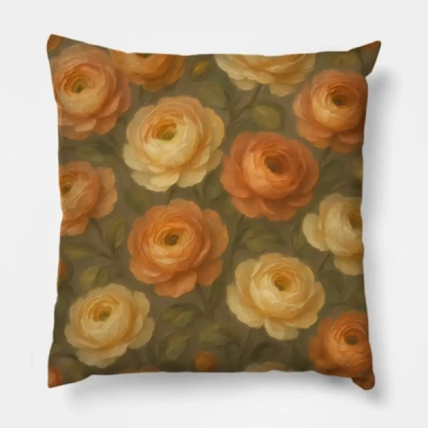 Two identical ranunculus abstract oil pillows on a caramel nubuck leather sofa