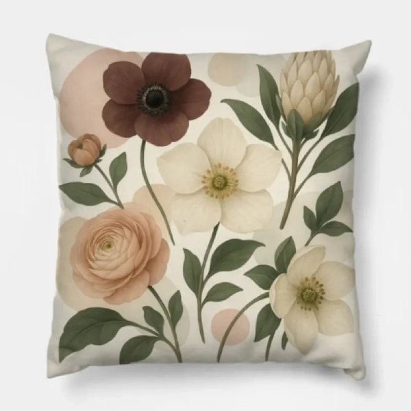 Ranunculus-Anemone-Protea Vintage Pillow on a deep burgundy velvet sofa