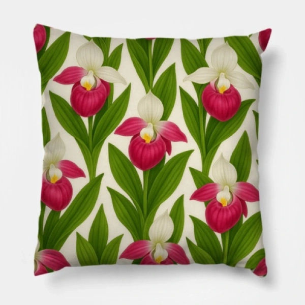 Showy lady’s slipper seamless floral pillow centered on a light gray modern sofa