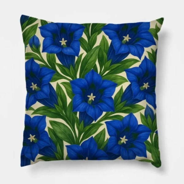 Trumpet Gentian Botanical Pillow on a charcoal gray velvet sofa