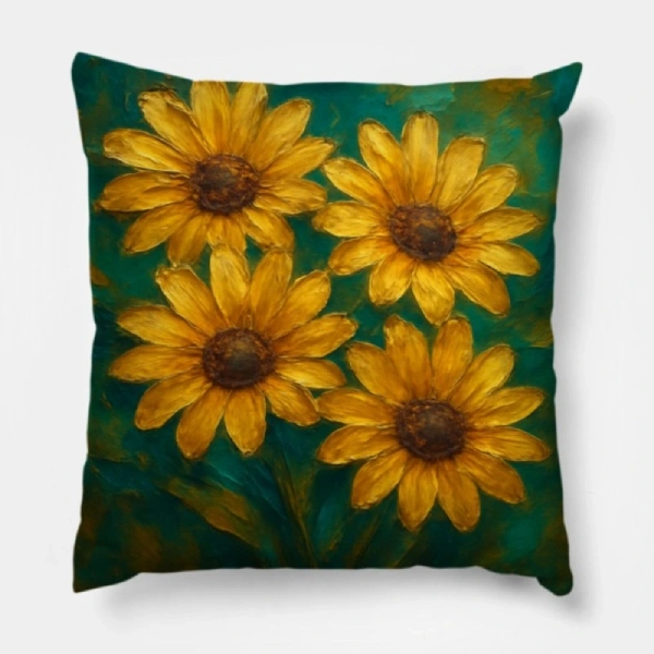 Golden daisy impasto floral pillow styled as the hero accent on a warm taupe modern sofa