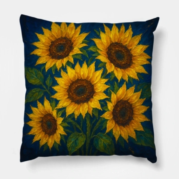 Two golden sunflowers impasto pillows placed symmetrically on a cream L-shaped sofa