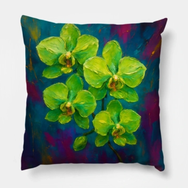 Green orchid impasto floral pillow styled as the hero accent on a beige contemporary sofa