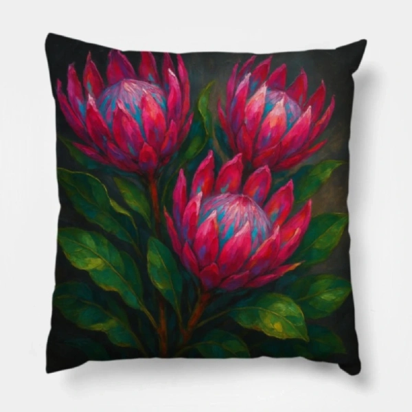 Two King Protea impasto floral pillows placed on an L-shaped architectural sectional sofa