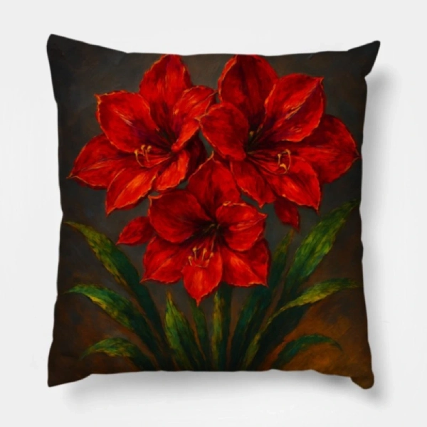 Red amaryllis impasto floral pillow centered on a taupe linen tuxedo sofa
