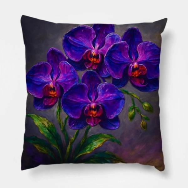 Two royal purple orchid impasto pillows centered on a deep purple velvet sectional sofa