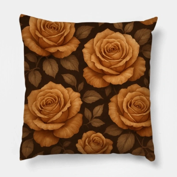 Two identical vintage toffee rose pillows on a camel nude velvet sofa