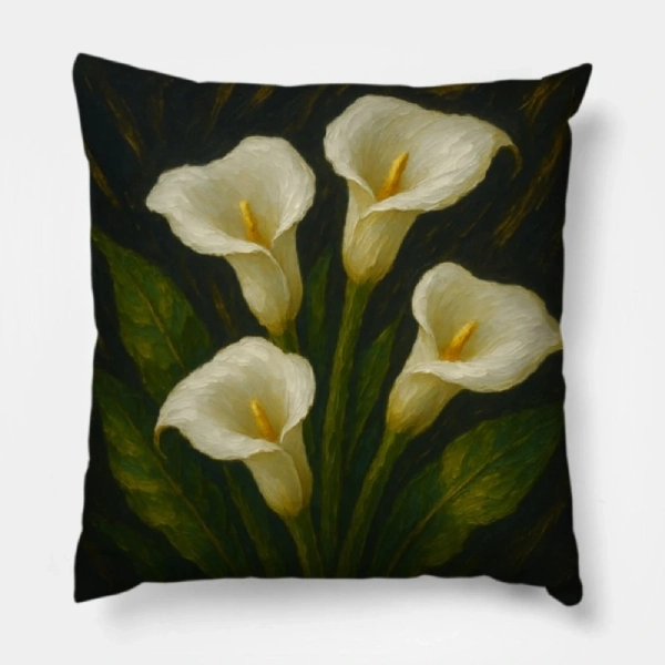 Two identical white calla lily impasto pillows placed on an off-white boucle L-shaped sofa