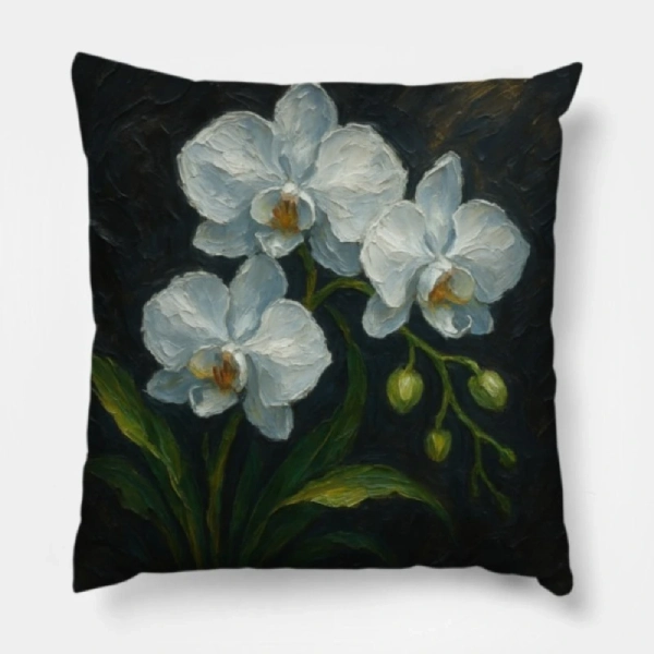 White Orchid Impasto Pillow on a luxury olive velvet sectional sofa